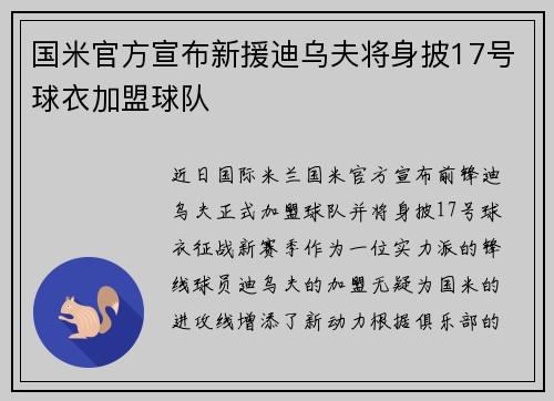 国米官方宣布新援迪乌夫将身披17号球衣加盟球队
